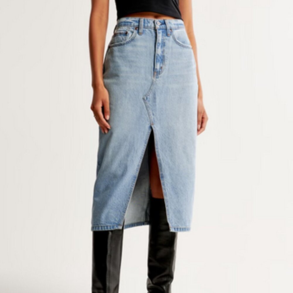 Abercrombie High Rise Denim Midi Skirt